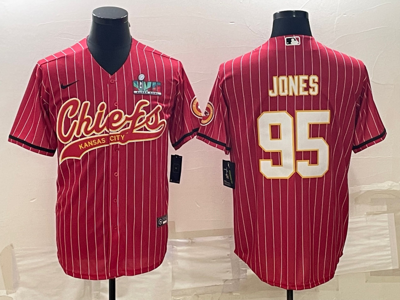 Men's Kansas City Chiefs #95 Chris Jones Red With Super Bowl LVII Patch Cool Base Stitched Baseball Jersey